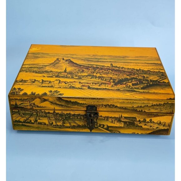 Vintage Wooden Box With Scenic Landscape Print Floral-Lined Interior Locking Cla - Picture 1 of 10